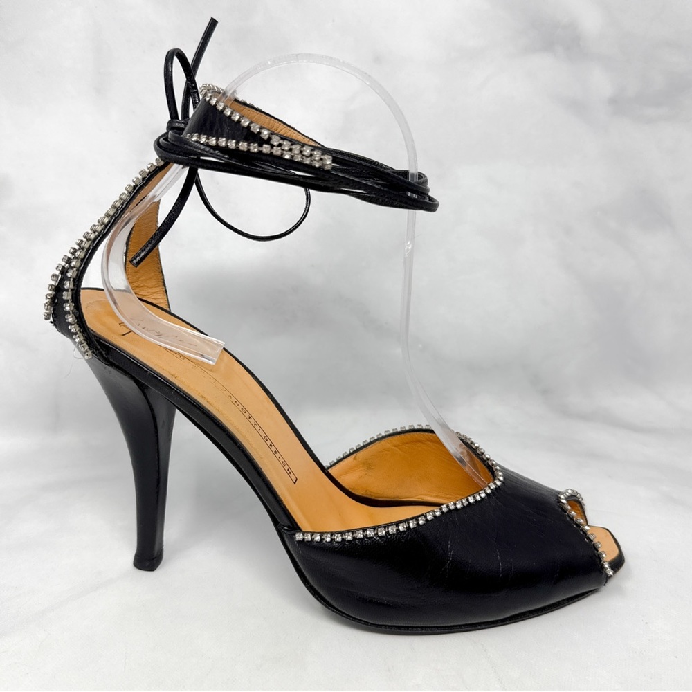 Giuseppe Zanotti Vicini Vintage Y2K Rhinestone Trim Ankle Wrap Sandal Heels 40